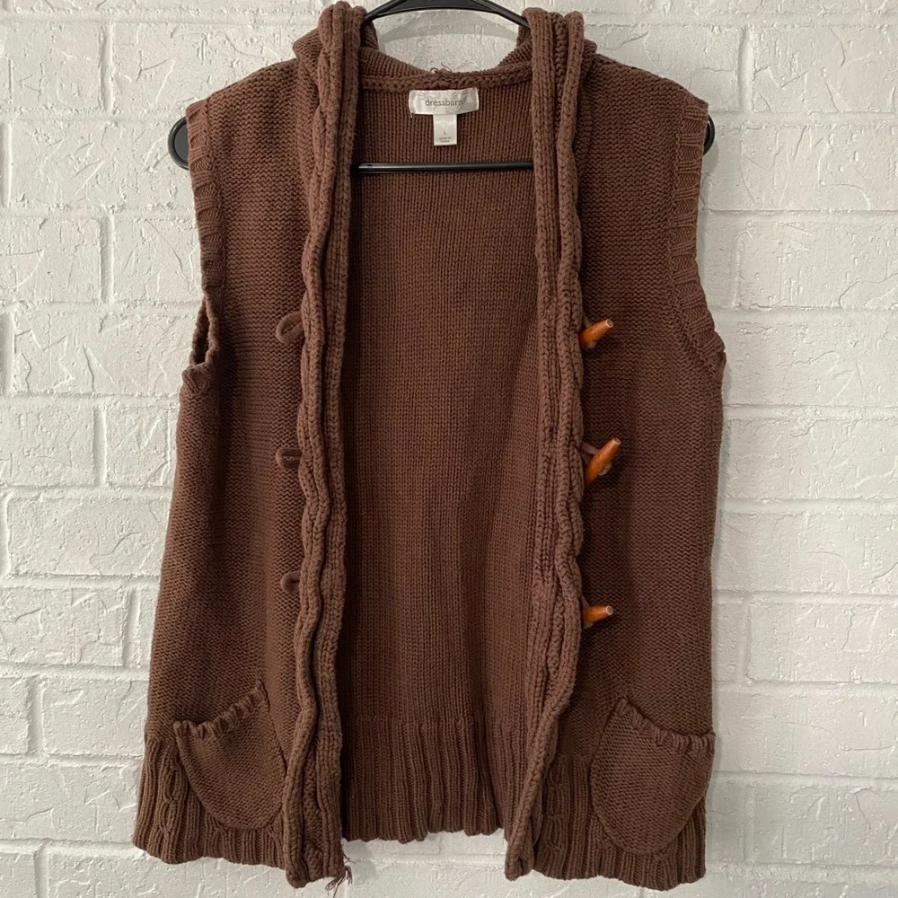 Dressbarn Y2K Brown Cable Knit Hooded Cotton Sweater Vest - Picture 9 of 12